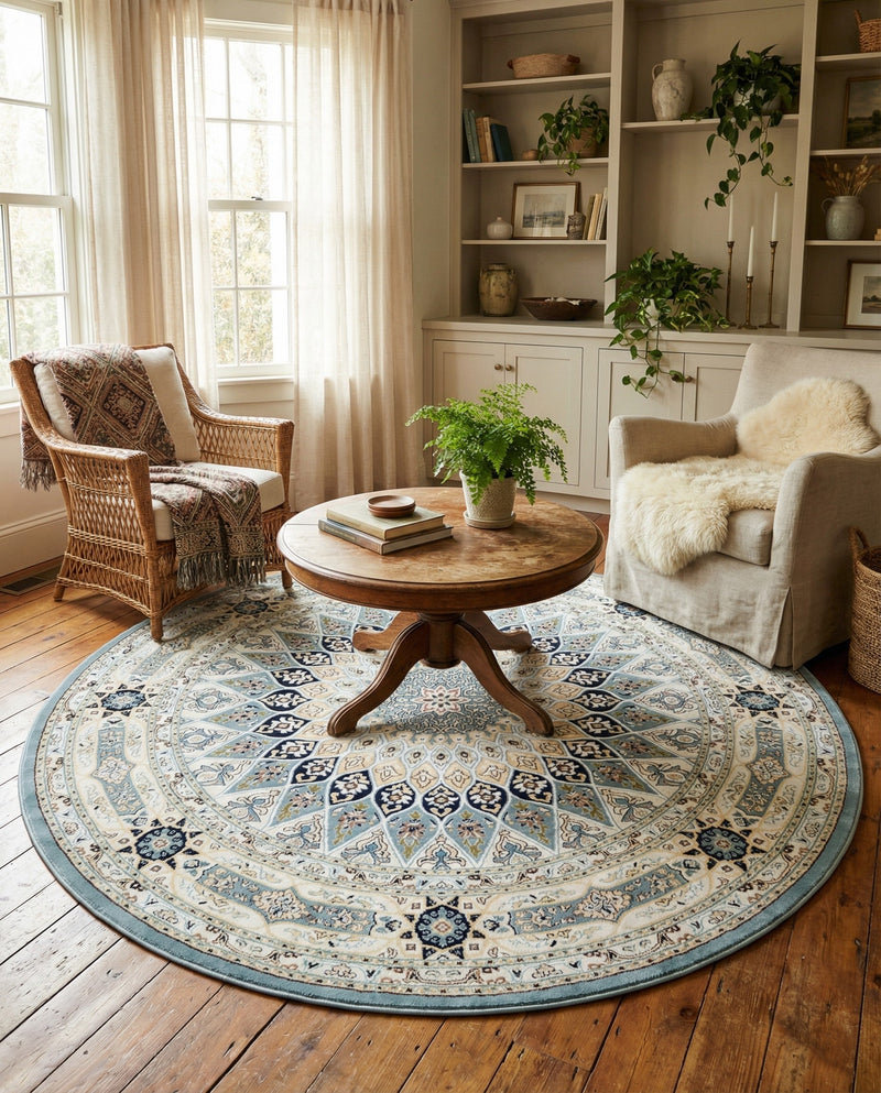 Persian Elegance Collection Area Rug -  Hamedan (Blue) Round Blue  lifestyle 28