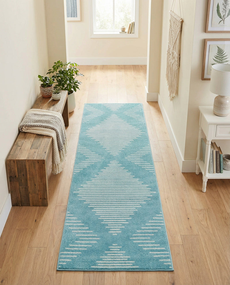 Seychelles Stripes Collection Area Rug - Mahe (Light Blue) Runner Light Blue  lifestyle 27