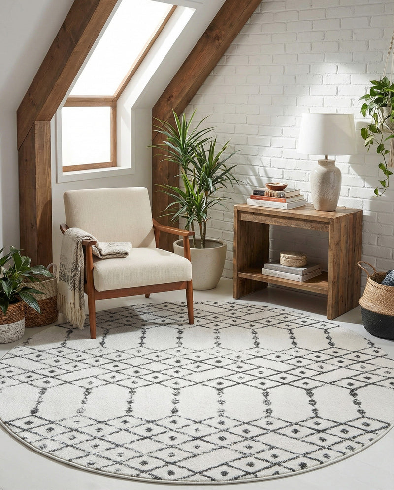 Marrakesh Lattice Collection Area Rug - Casablanca (Ivory Black) Round Ivory Black  lifestyle 64