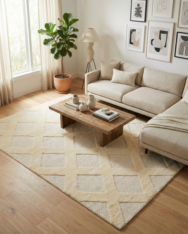 Trellis Wool Collection Area Rug - Vineyard Rectangle Ivory  lifestyle 8