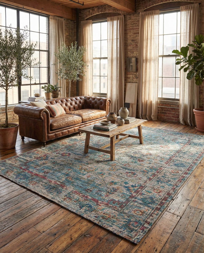 Savannah Threads Collection Area Rug - Tybee Rectangle Teal blue  lifestyle 10