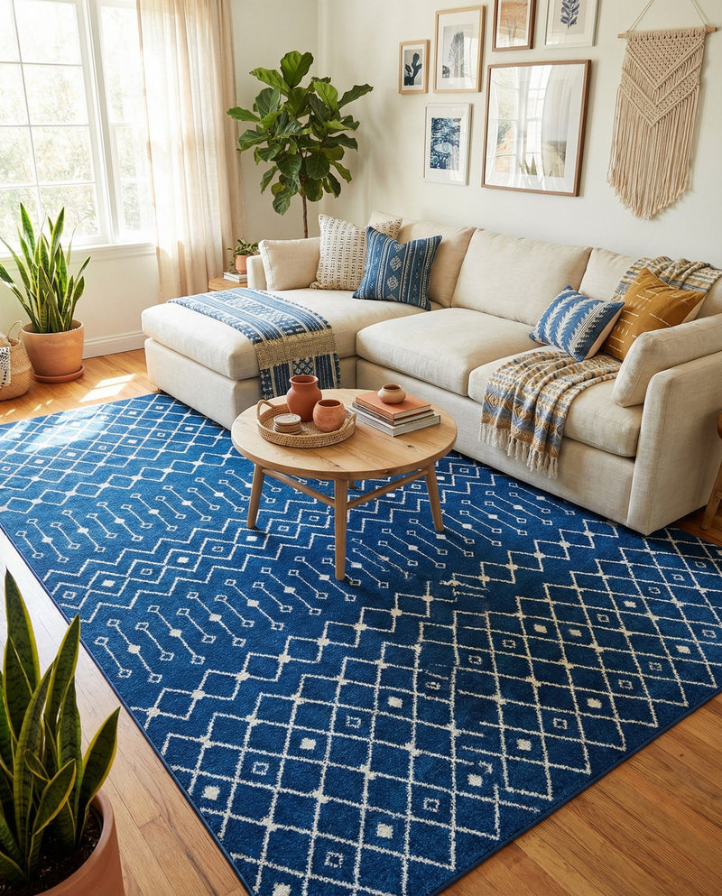 Mediterranean Lattice Collection Area Rug - Santorini (Navy Blue) Rectangle Navy Blue  lifestyle 4