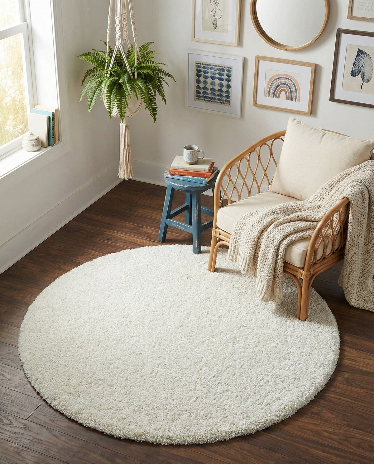 Cozy Comfort Shag Collection Area Rug - Haven (White) Round White  lifestyle 87