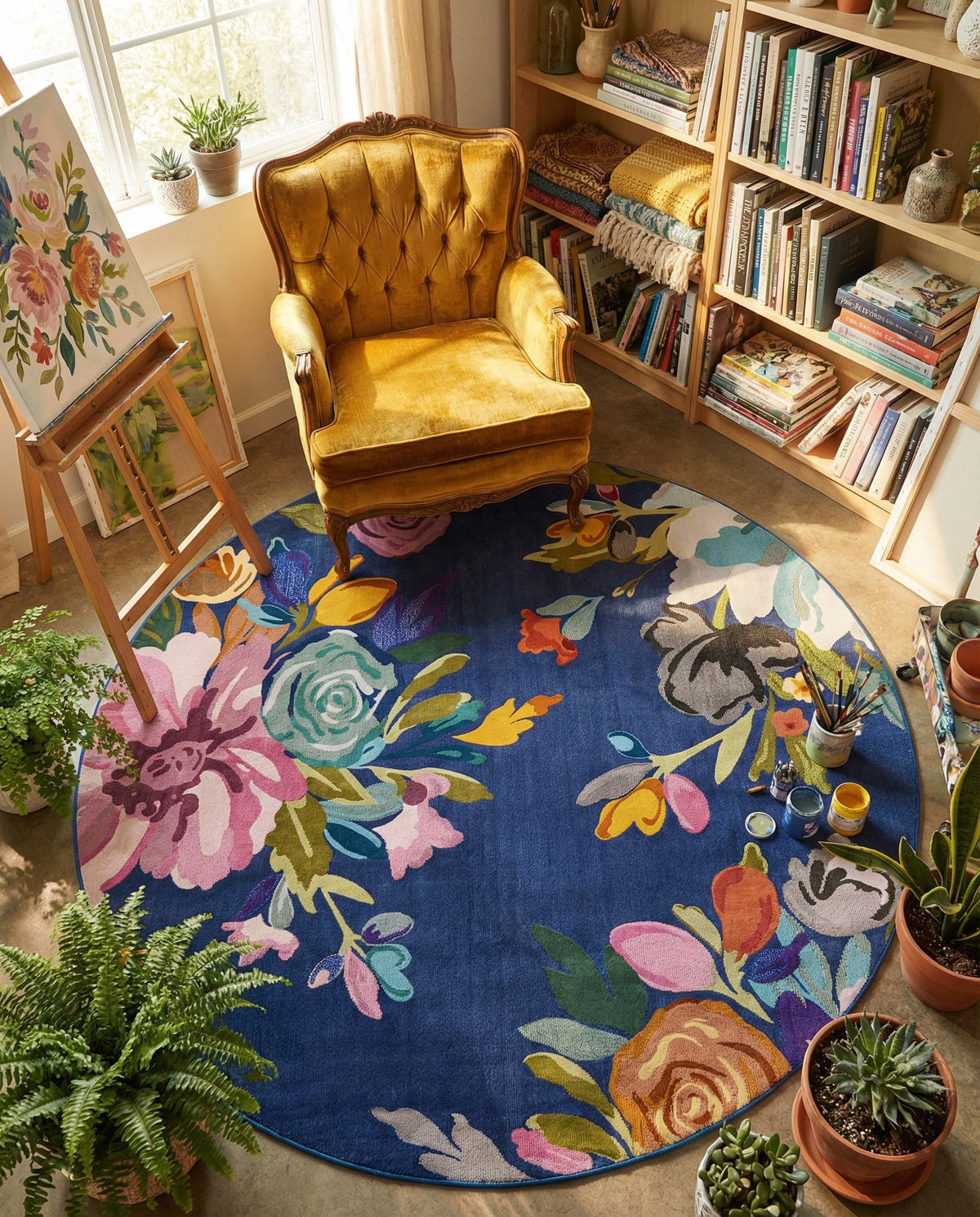 Meadow Breeze Collection Area Rug - Wildflower Round Blue  lifestyle 153