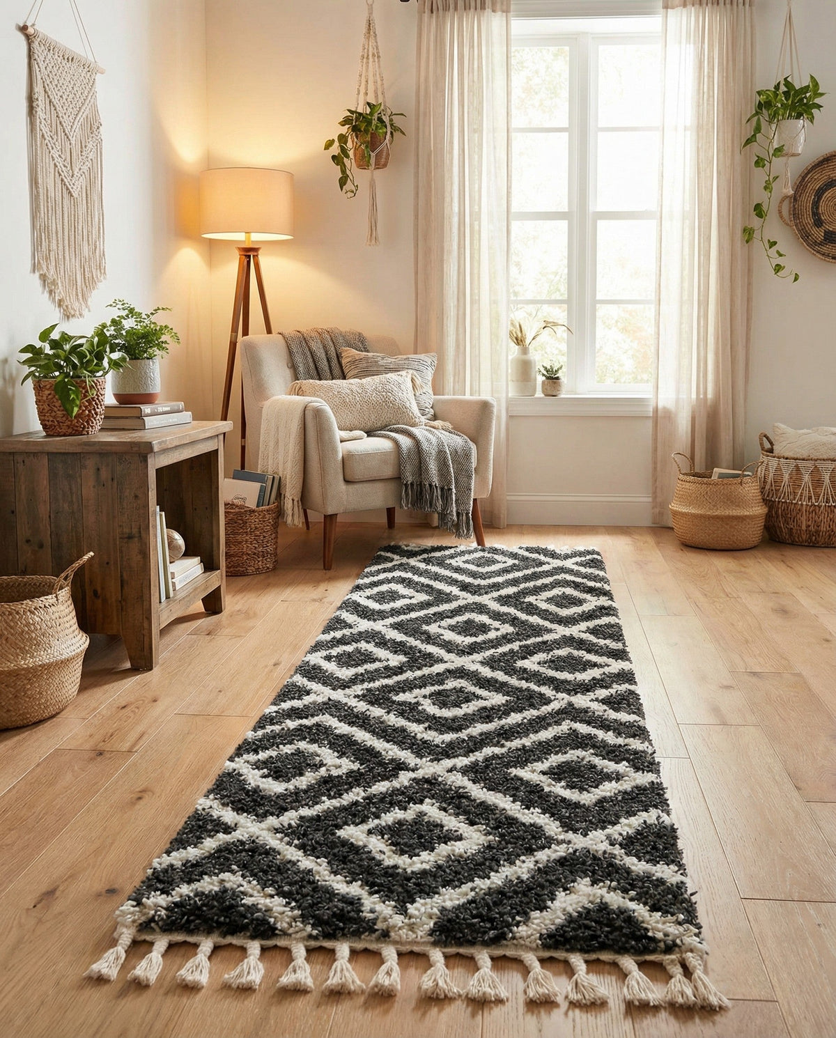 Cozy Cove Shag Collection Area Rug -  Dunes Runner Black and White  lifestyle 180