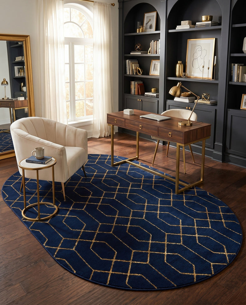 Hollywood Luxe Collection Area Rug - Sunset (Navy Blue Gold) Oval Navy Blue Gold  lifestyle 60