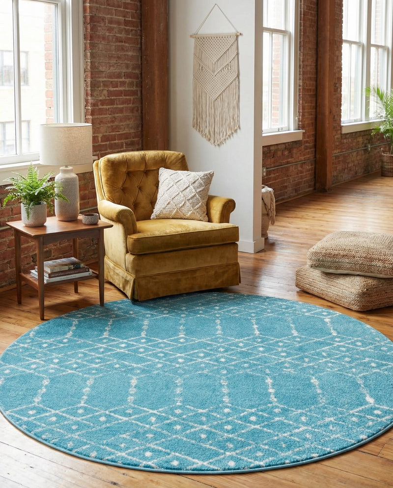 Marrakesh Lattice Collection Area Rug - Casablanca (Teal blue) Round Teal blue  lifestyle 78
