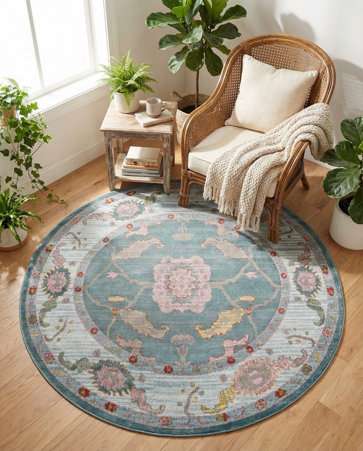 Arcadia Rugs Collection Area Rug - Eden (Gray and Blue) Round Gray and Blue  lifestyle 81