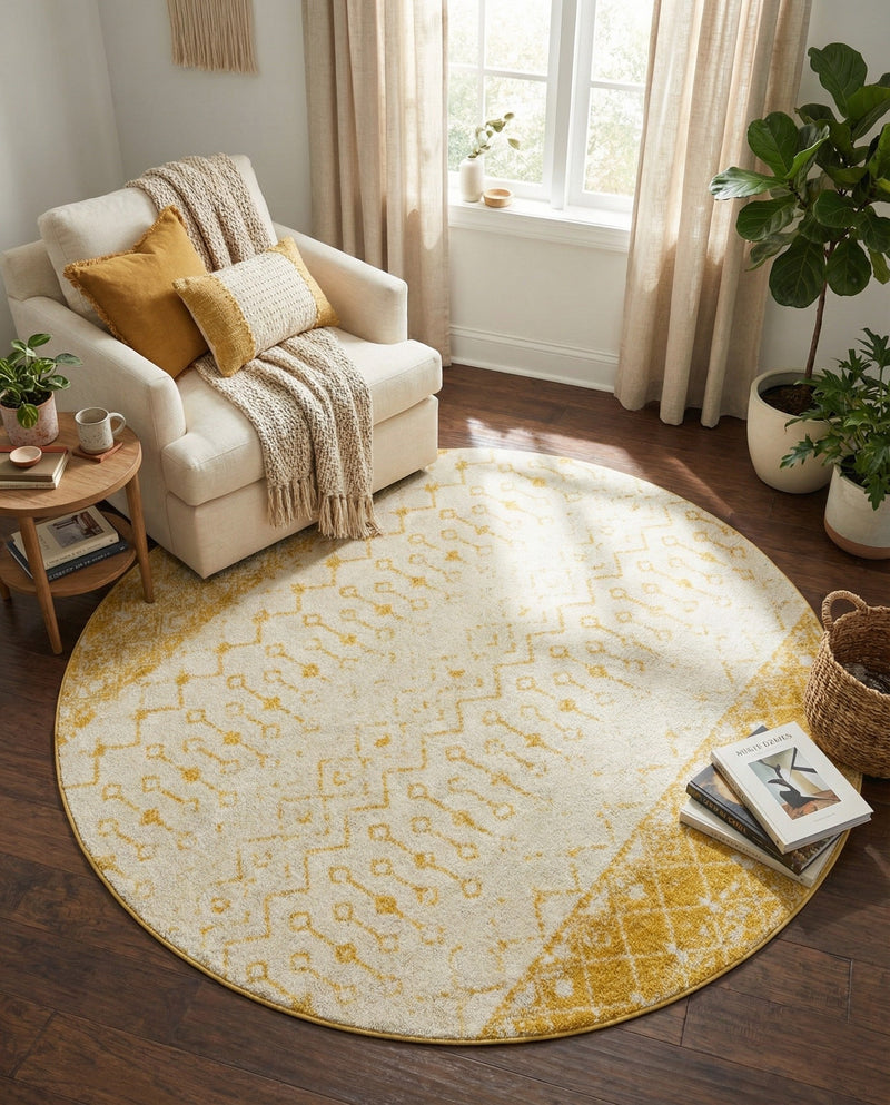 Mediterranean Lattice Collection Area Rug -  Casablanca (Ivory and Yellow) Round Ivory and Yellow  lifestyle 77