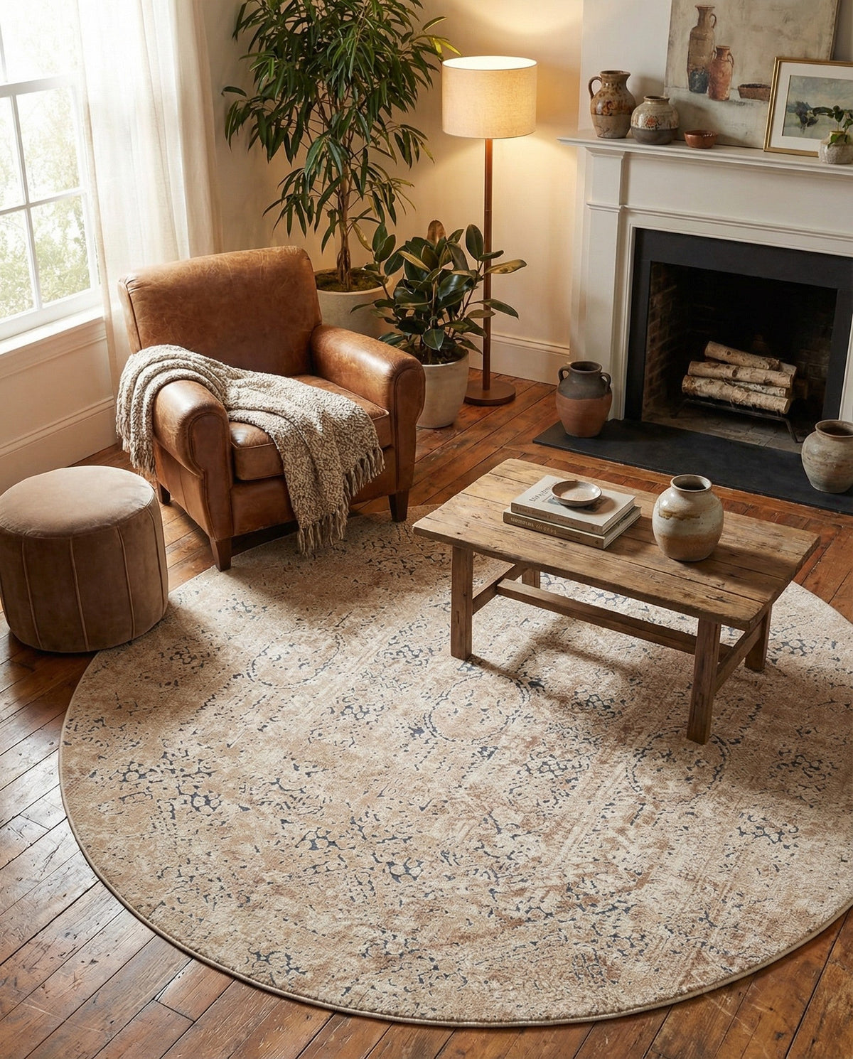 Coastal Manor Collection Area Rug -  Wavecrest Round Beige  lifestyle 128