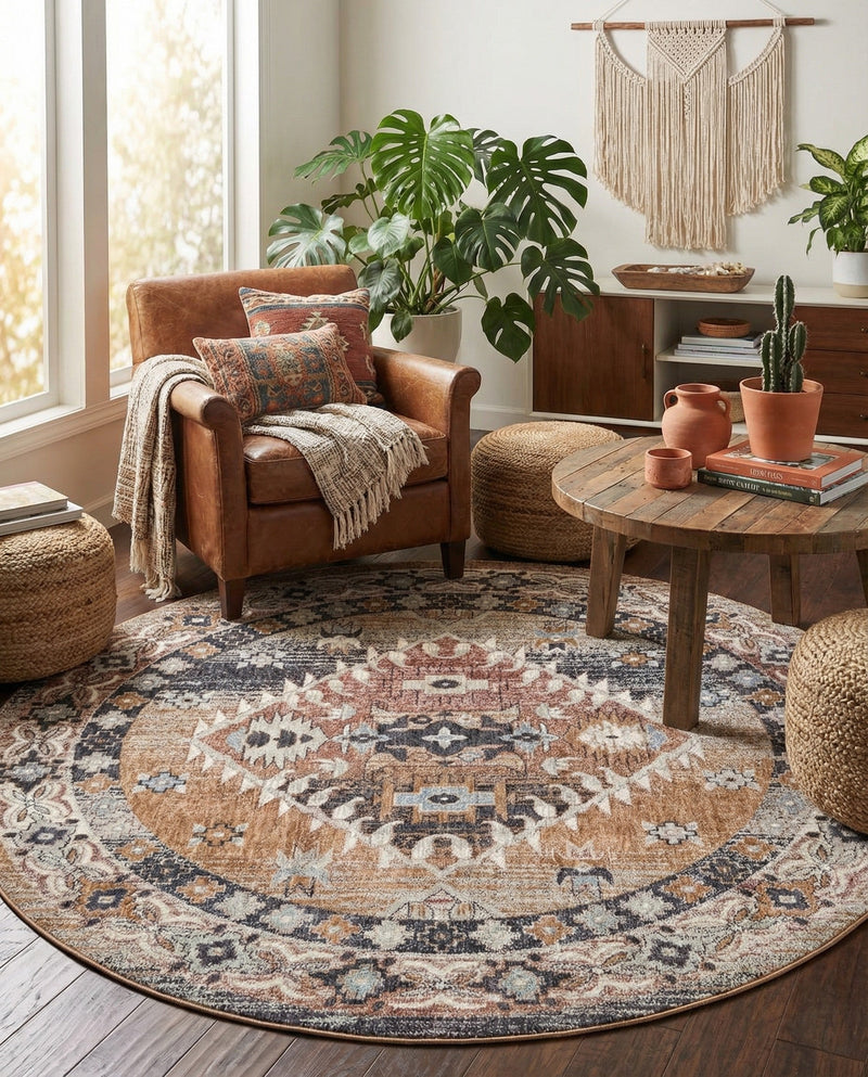 Desert Modern Eco Rug Series Collection Area Rug -  Navajo Round Khaki Gray  lifestyle 78