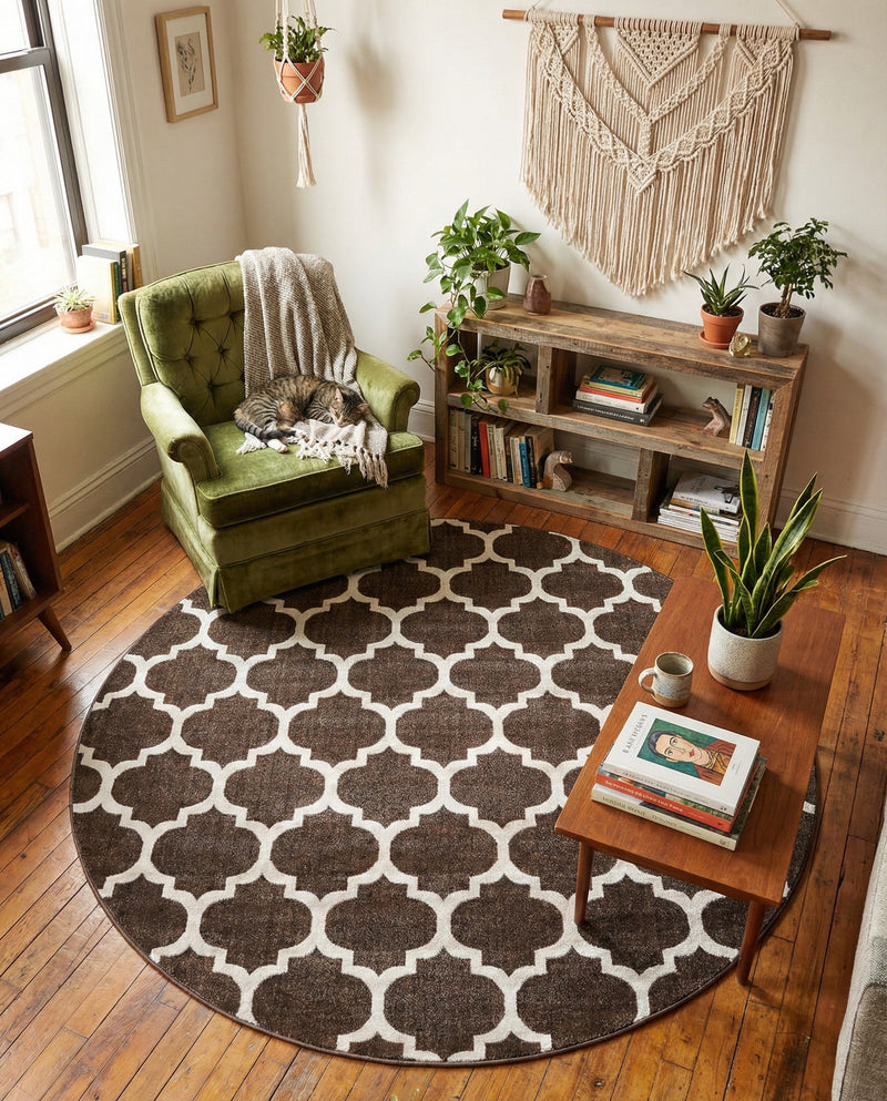 Lattice Gardens Collection Area Rug -  Bloomfield (Chocolate Brown) Round Chocolate Brown  lifestyle 74