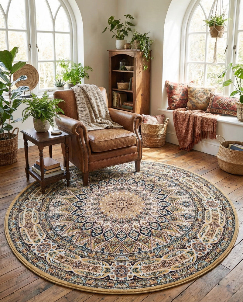 Persian Elegance Collection Area Rug -  Hamedan (Beige) Round Beige  lifestyle 28