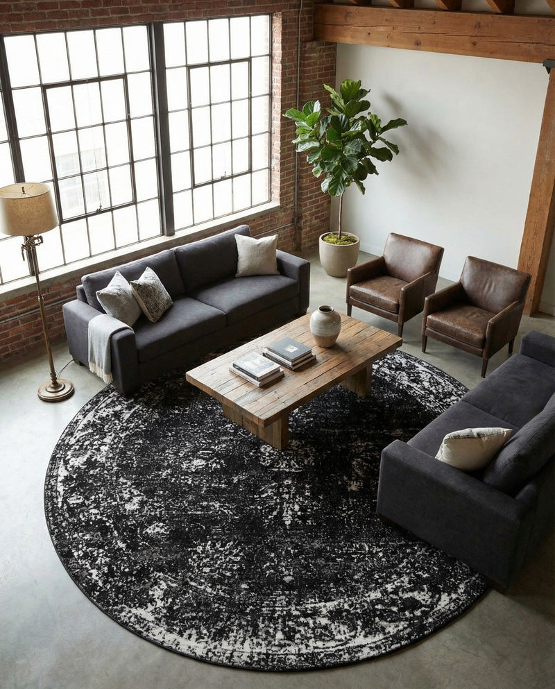 Riviera Elegance Collection Area Rug - Antibes (Black) Round Black  lifestyle 88
