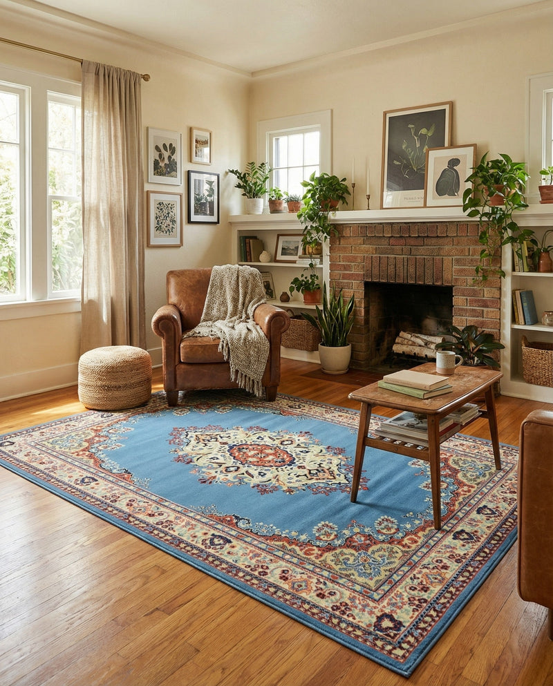 Tabriz Tapestry Collection Area Rug - Azerbaijan (Light Blue) Rectangle Light Blue  lifestyle 13