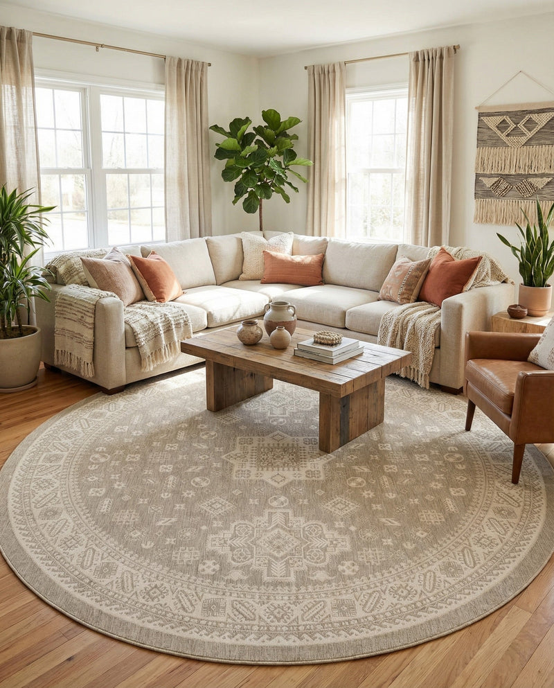 Tribal Terrace Treasures Collection Area Rug -  Incan Isle (Light Gray) Round Light Gray  lifestyle 41