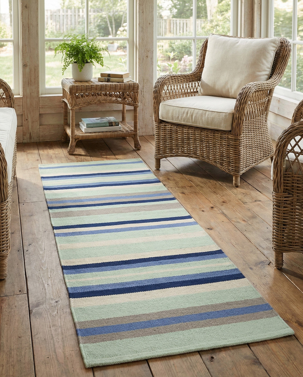 Coastal Stripe Dhurrie Collection Area Rug - Seashore Runner Aqua Blue and Gray  lifestyle 119