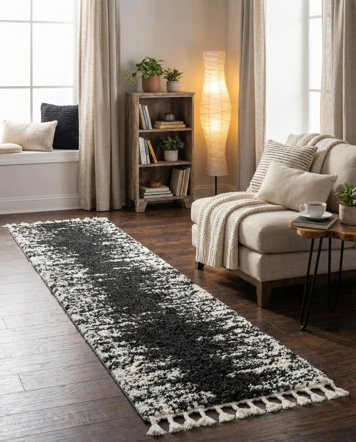 Tranquil Tides Shag Collection Area Rug - Marina Runner Black and White  lifestyle 194