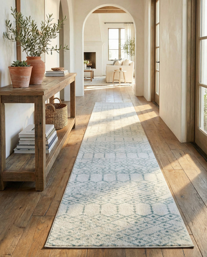 Marrakesh Lattice Collection Area Rug - Casablanca (Ivory Aqua) Runner Ivory Aqua  lifestyle 75