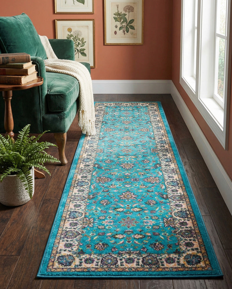 Casablanca Tapestry Collection Area Rug -  Marrakech (Arctic Aqua Blue) Runner Arctic Aqua Blue  lifestyle 54
