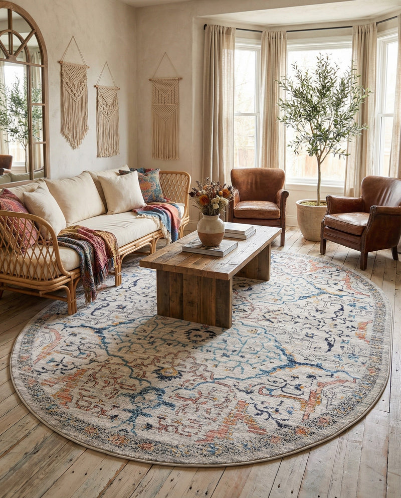 Seville Stripes Collection Area Rug -  Malaga (Ivory) Oval Ivory  lifestyle 31