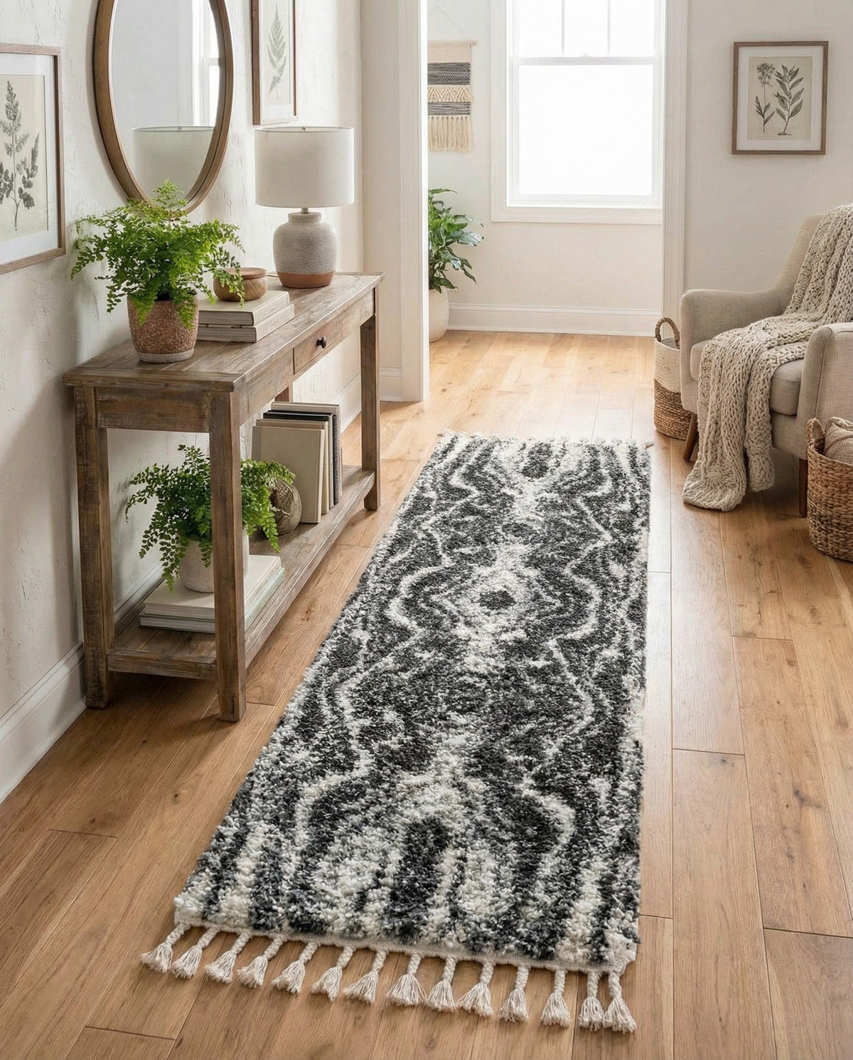 Cozy Cove Shag Collection Area Rug -  Seabreeze Runner Black and White  lifestyle 111