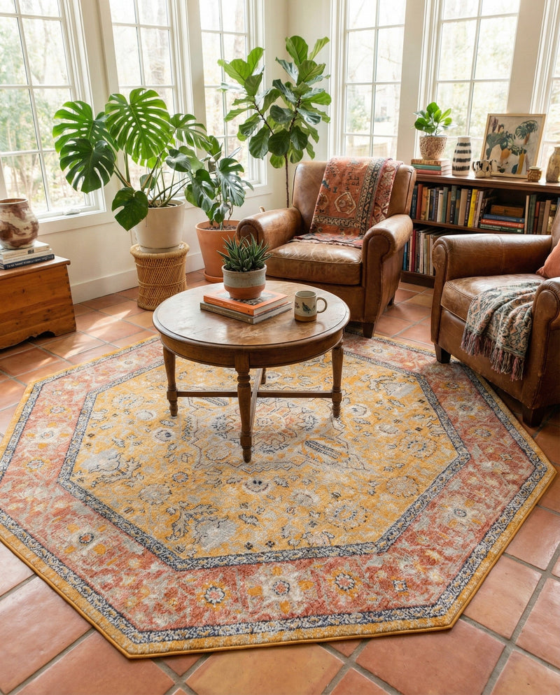 Seville Stripes Collection Area Rug - Cadiz (Yellow) Octagon Yellow  lifestyle 63