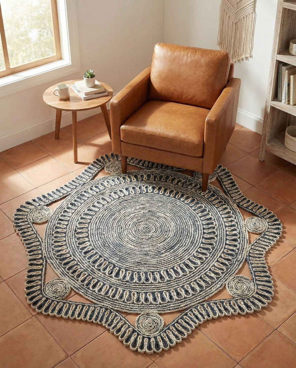 Woven Seaside Jute Collection Area Rug - Nantucket Round Navy and White  lifestyle 93