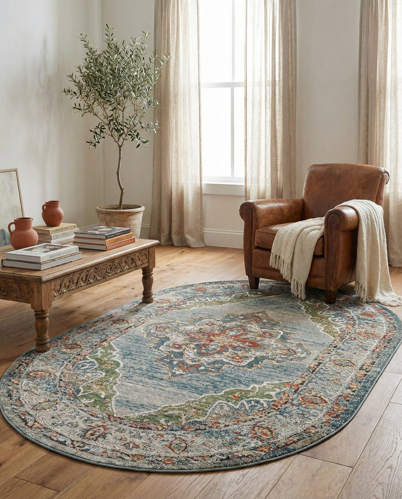 Savannah Soiree Collection Area Rug - Serengeti (Blue) Oval Blue  lifestyle 70