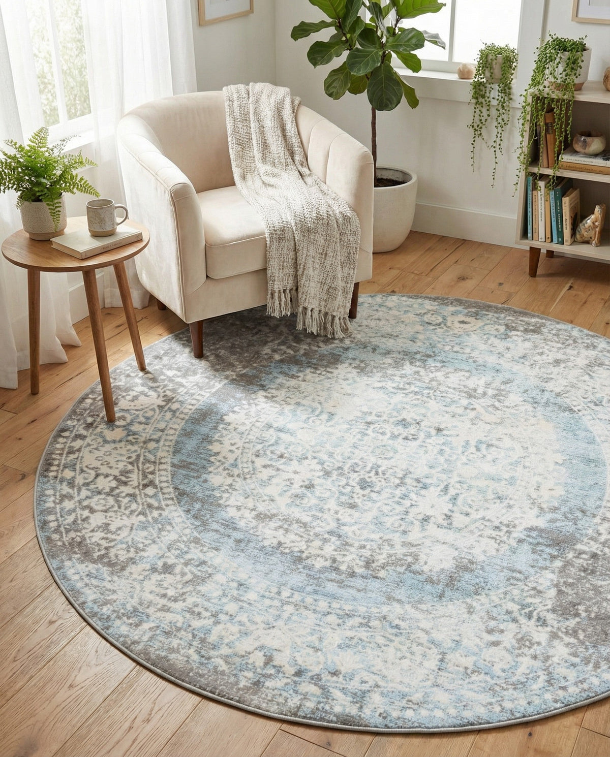 Rustic Charm Revival Collection Area Rug -  Meadowland Round Light Blue  lifestyle 119