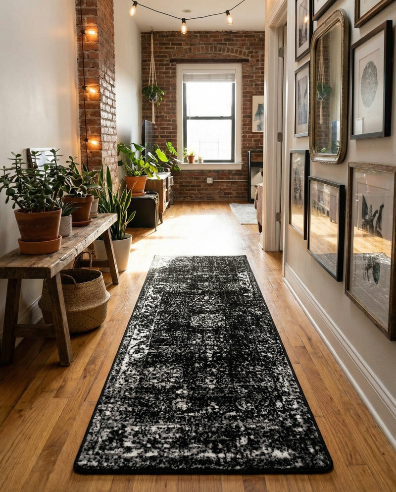 Riviera Elegance Collection Area Rug - Antibes (Black) Runner Black  lifestyle 60