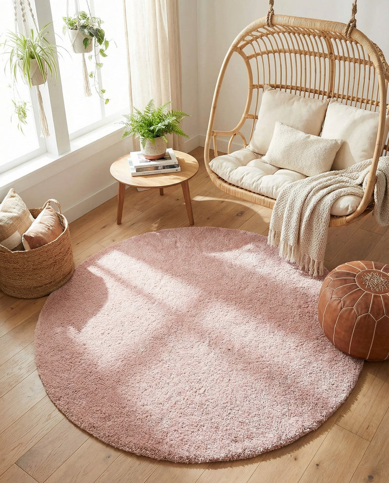 Solid Shag Seaside Collection Area Rug - Azure Cove (Pink) Round Pink  lifestyle 49