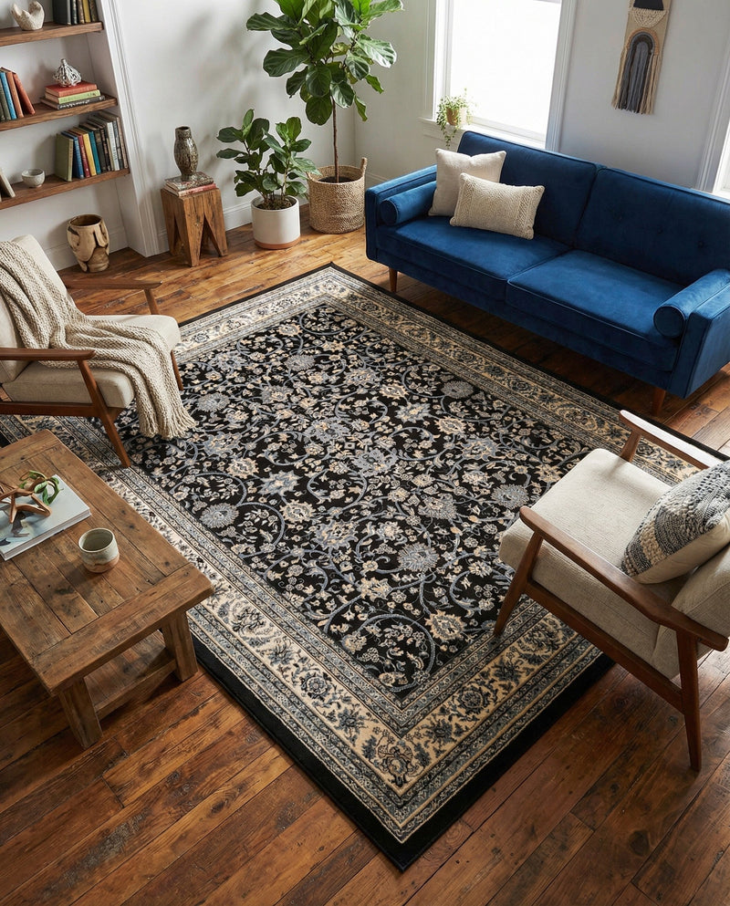 Isfahan Elegance Collection Area Rug - Naghsh-e Jahan (Black) Rectangle Black  lifestyle 57