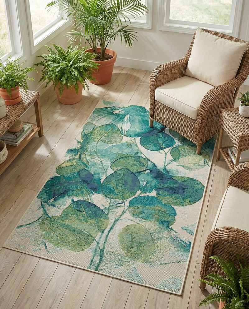 Seaside Blooms Collection Area Rug -  Flora Rectangle Blue Green  lifestyle 52