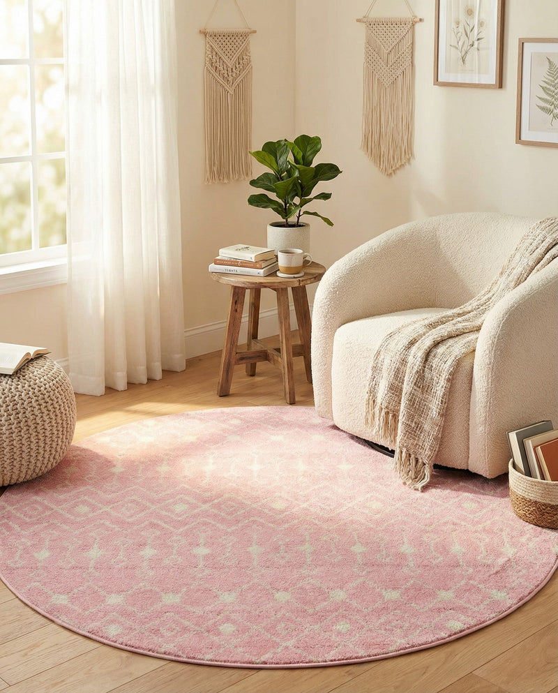 Mediterranean Lattice Collection Area Rug - Santorini (Pink) Round Pink  lifestyle 69