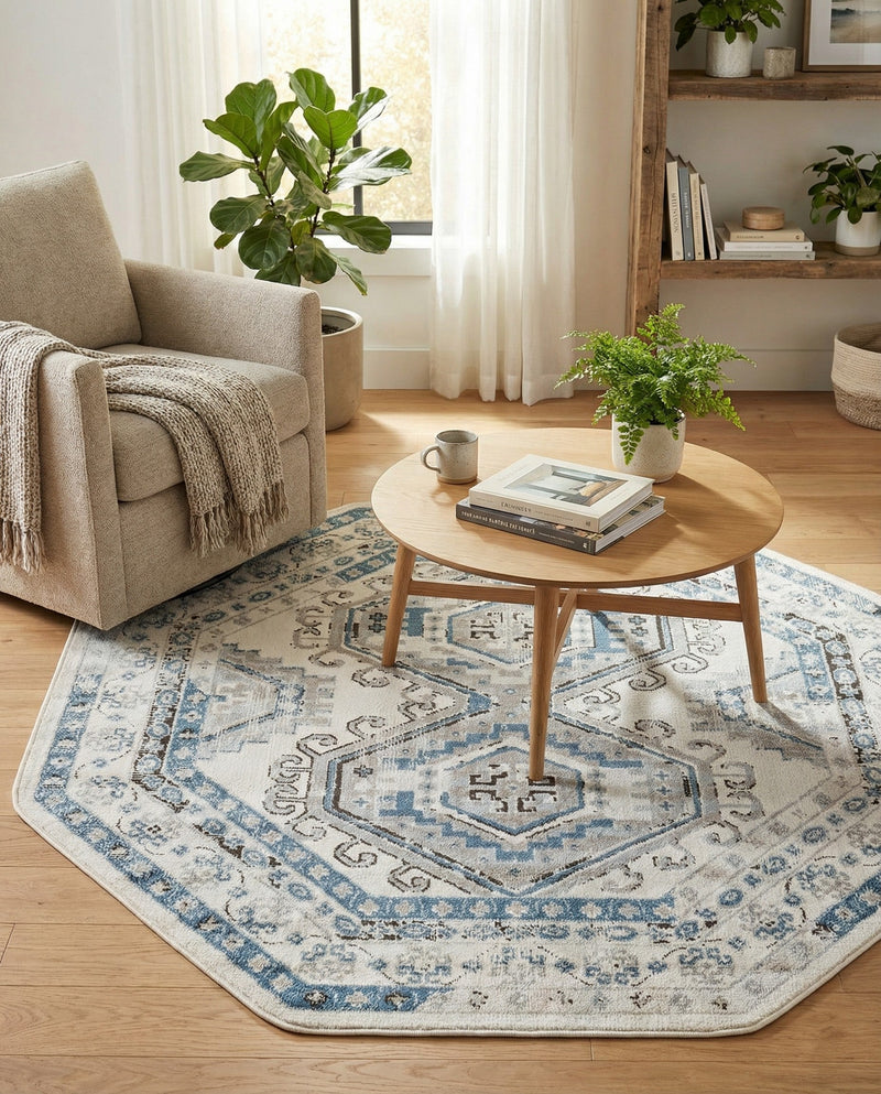 Savannah Elegance Collection Area Rug -  Tybee (Ivory Aqua) Octagon Ivory Aqua  lifestyle 76