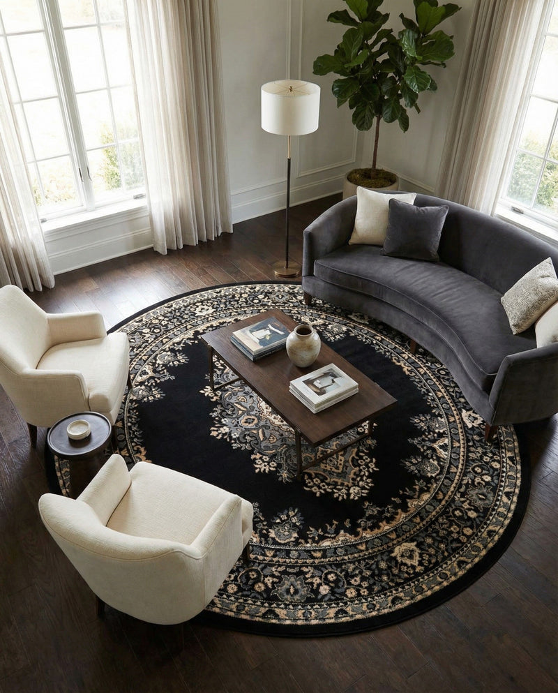 Tabriz Tapestry Collection Area Rug - Azerbaijan (Black) Round Black  lifestyle 37