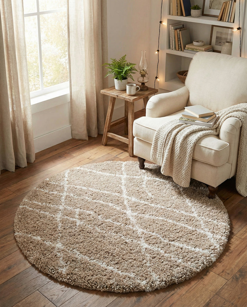 Cozy Haven Shag Collection Area Rug - Serenity (Khaki) Round Khaki  lifestyle 60