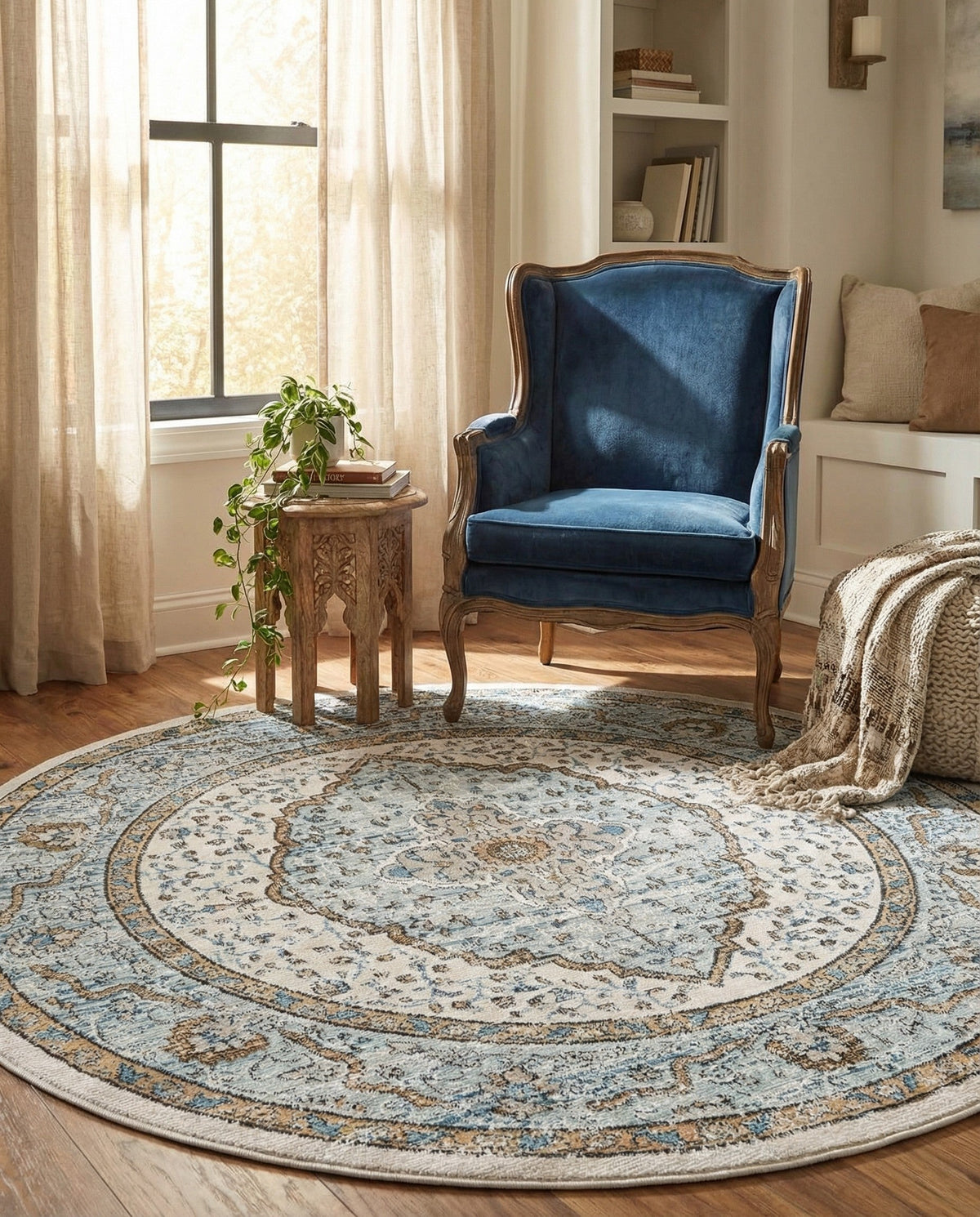 Mykonos Manor Collection Area Rug - Delos Round Blue  lifestyle 124
