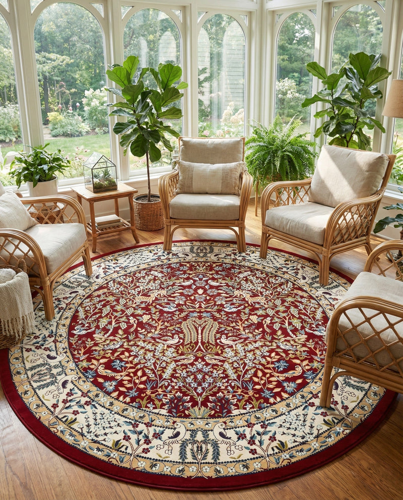 Persian Elegance Collection Area Rug -  Kerman (Burgundy) Round Burgundy  lifestyle 36