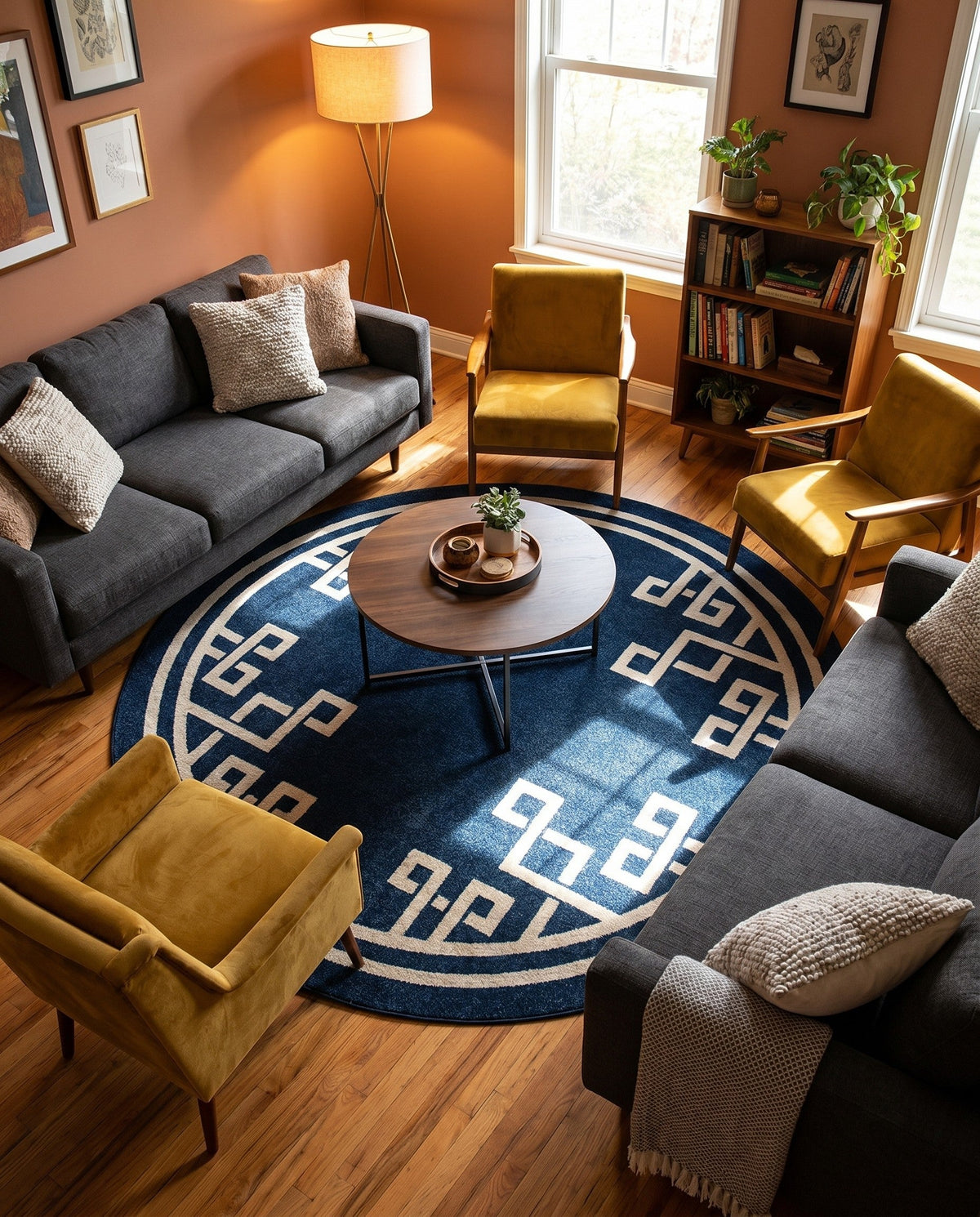 Aegean Labyrinth Collection Area Rug -  Rhodes Round Dark Blue  lifestyle 91
