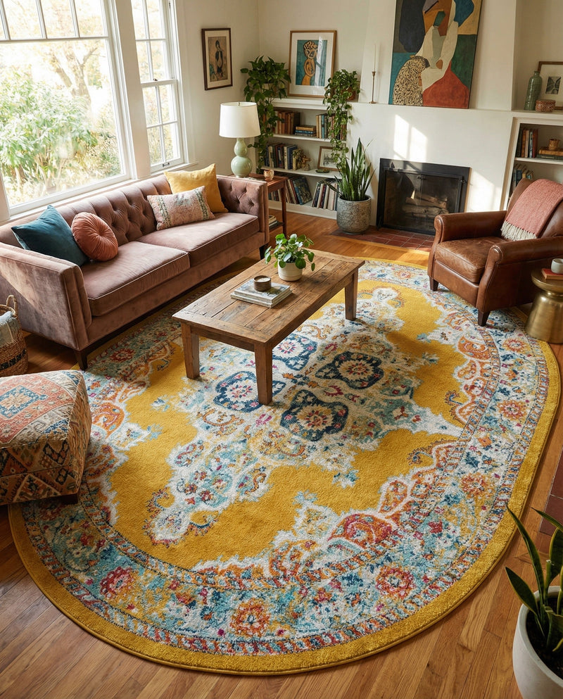 Beverly Grove Collection Area Rug -  Fairfax (Yellow) Oval Yellow  lifestyle 60