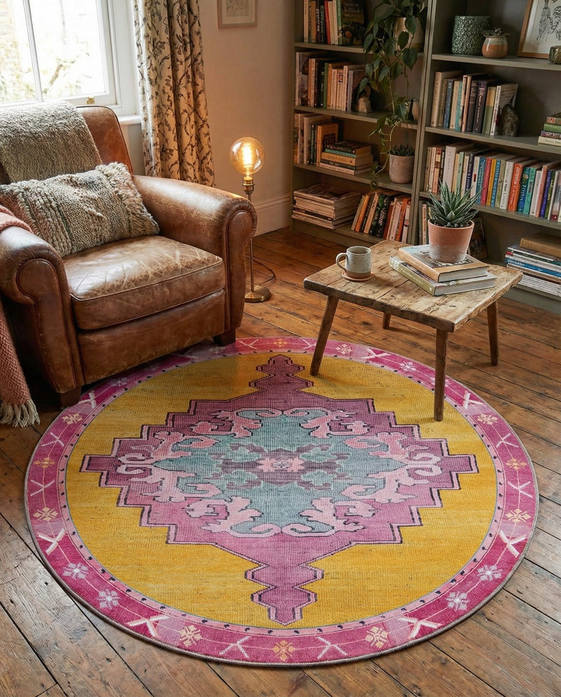 Heritage Elegance Collection Area Rug -  Winterthur (Yellow) Round Yellow  lifestyle 36