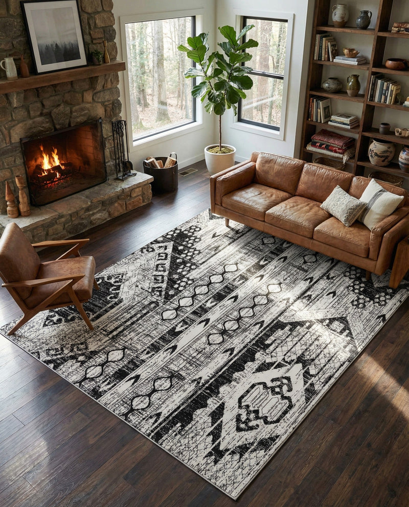 Cascade Range Collection Area Rug - Hood (Black and White) Rectangle Black and White  lifestyle 15