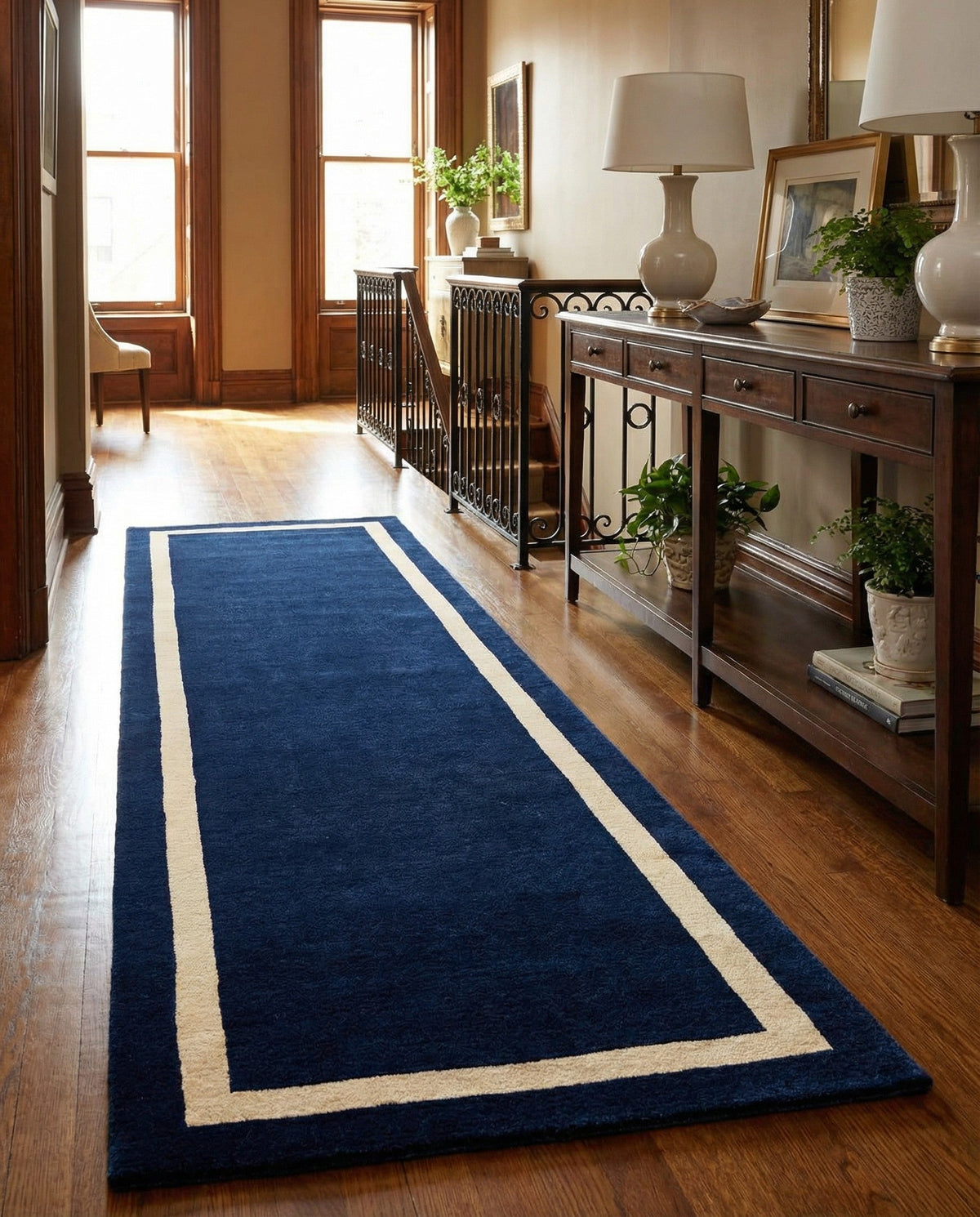 Savannah Borders Wool Collection Area Rug - Chatham Runner Cobalt Blue  lifestyle 161