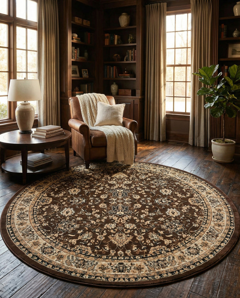 Isfahan Elegance Collection Area Rug - Naghsh-e Jahan (Brown) Round Brown  lifestyle 36