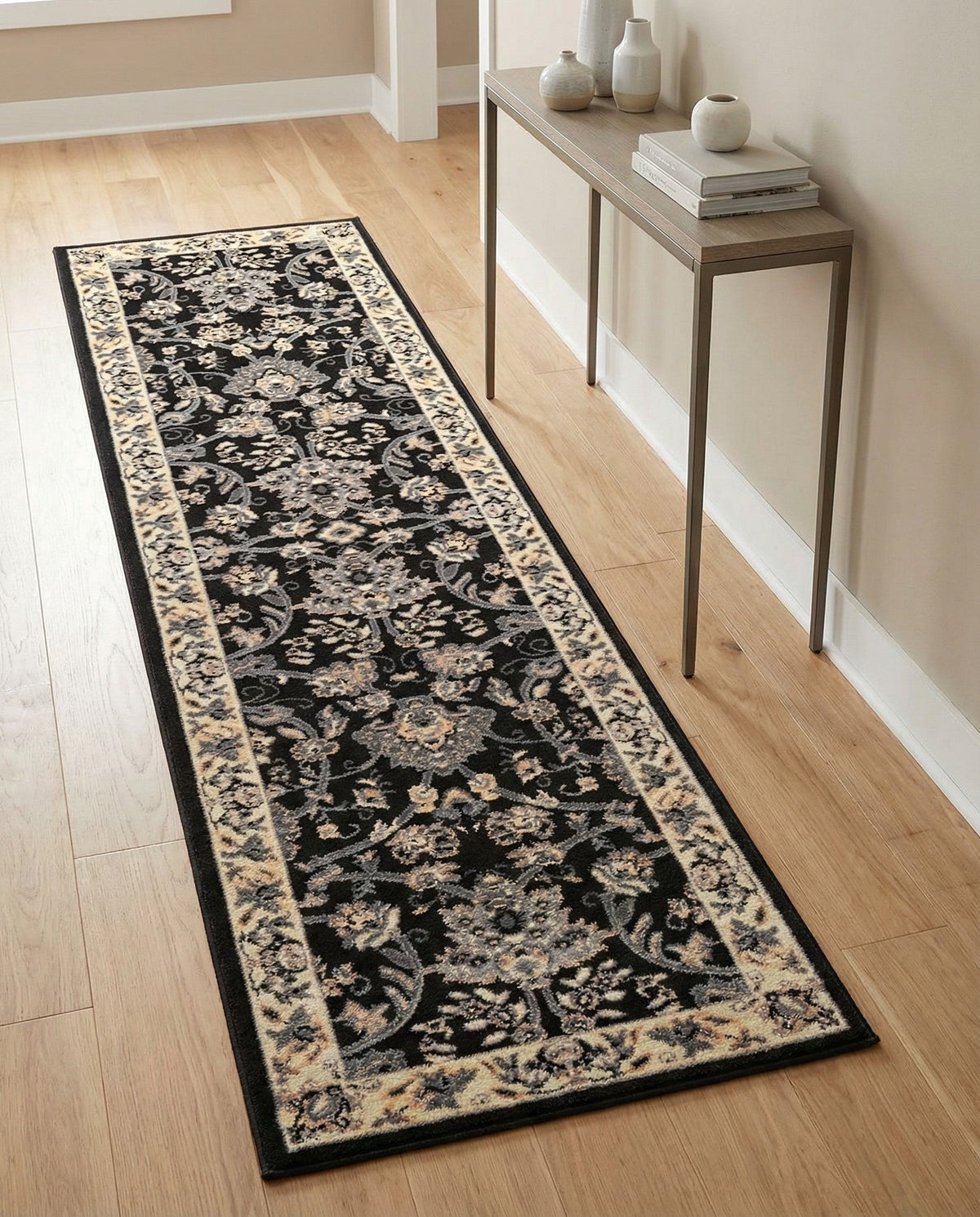 Isfahan Elegance Collection Area Rug - Naghsh-e Jahan (Black) Runner Black  lifestyle 115