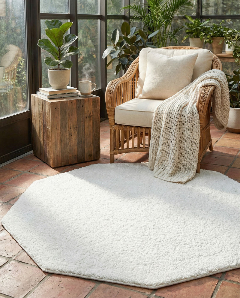 Solid Shag Seaside Collection Area Rug - Azure Cove (Snow White) Octagon Snow White  lifestyle 80