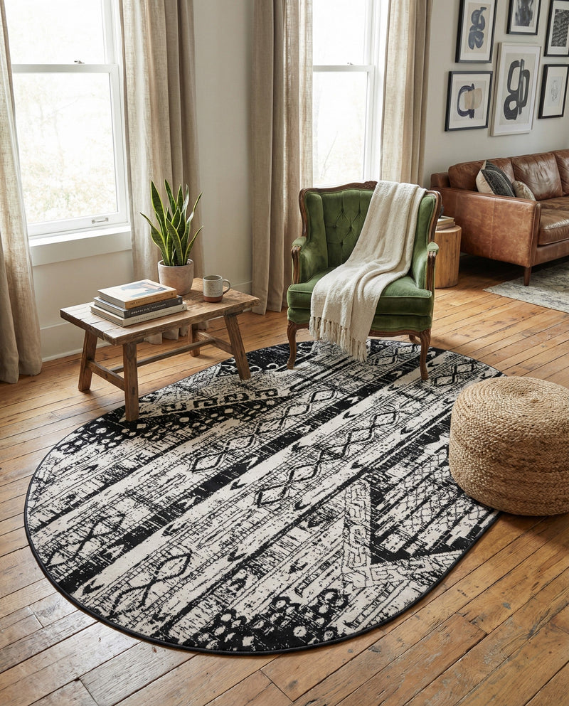 Cascade Range Collection Area Rug - Hood (Black and White) Oval Black and White  lifestyle 74