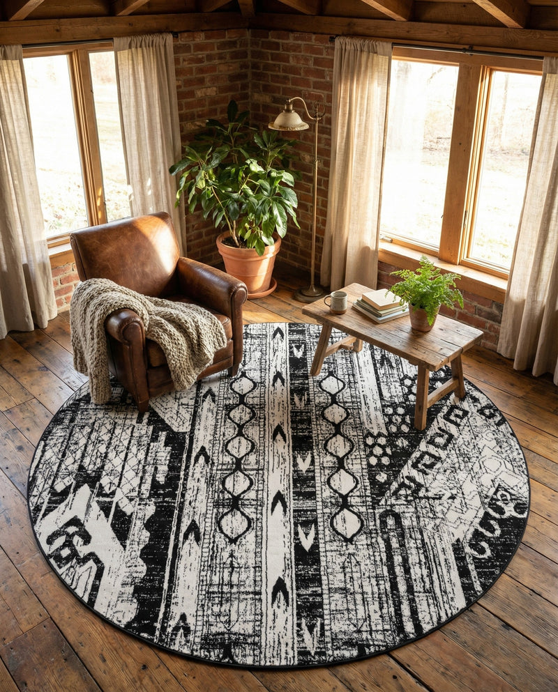 Cascade Range Collection Area Rug - Hood (Black and White) Round Black and White  lifestyle 62